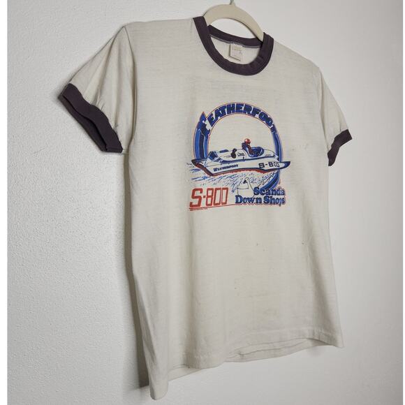 Vintage 70s 80s Ringer Featherfoot Scandia Down Shops Boat Racing Sportswear Med - Picture 2 of 9